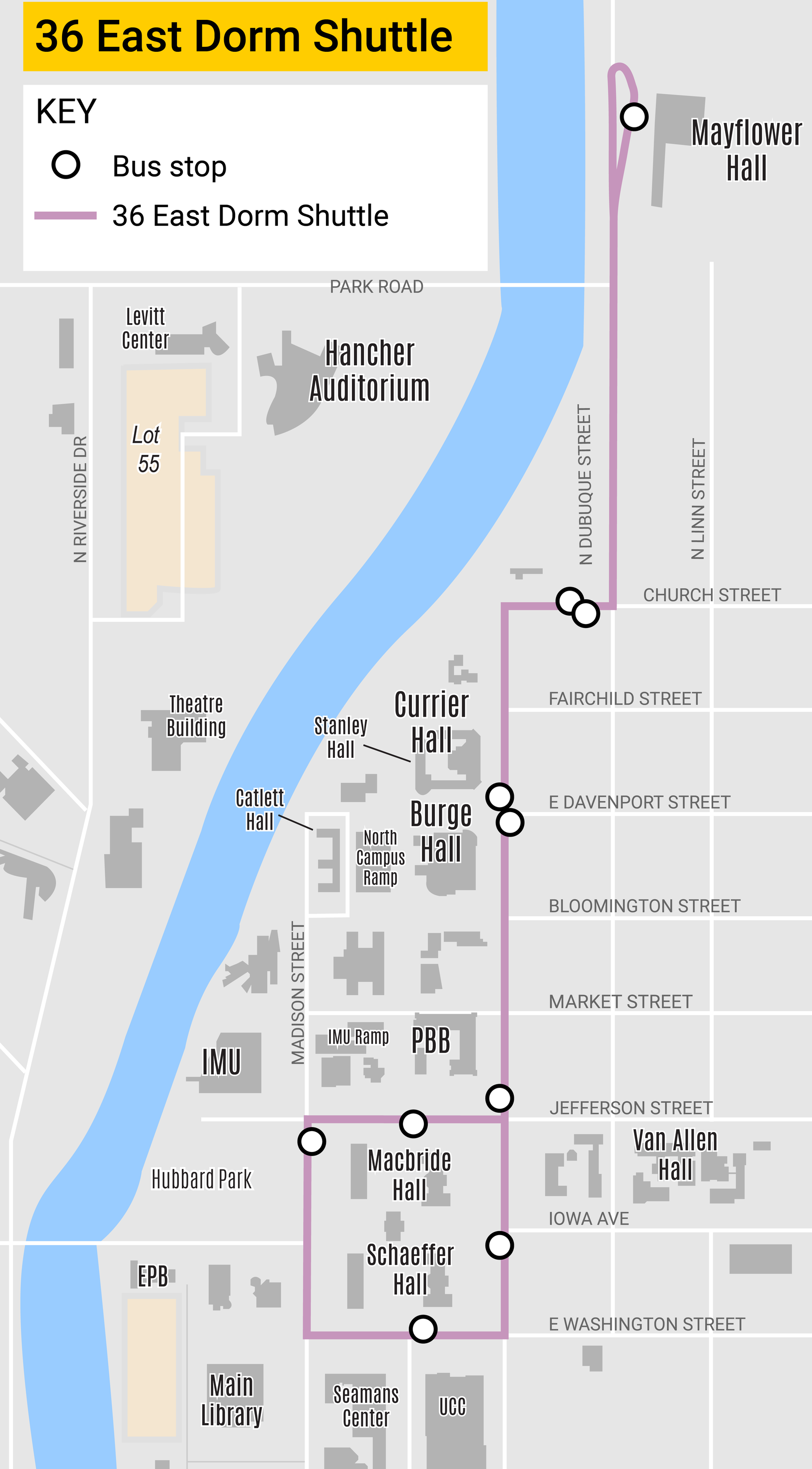 map of CAMBUS route 36 East Dorm Shuttle