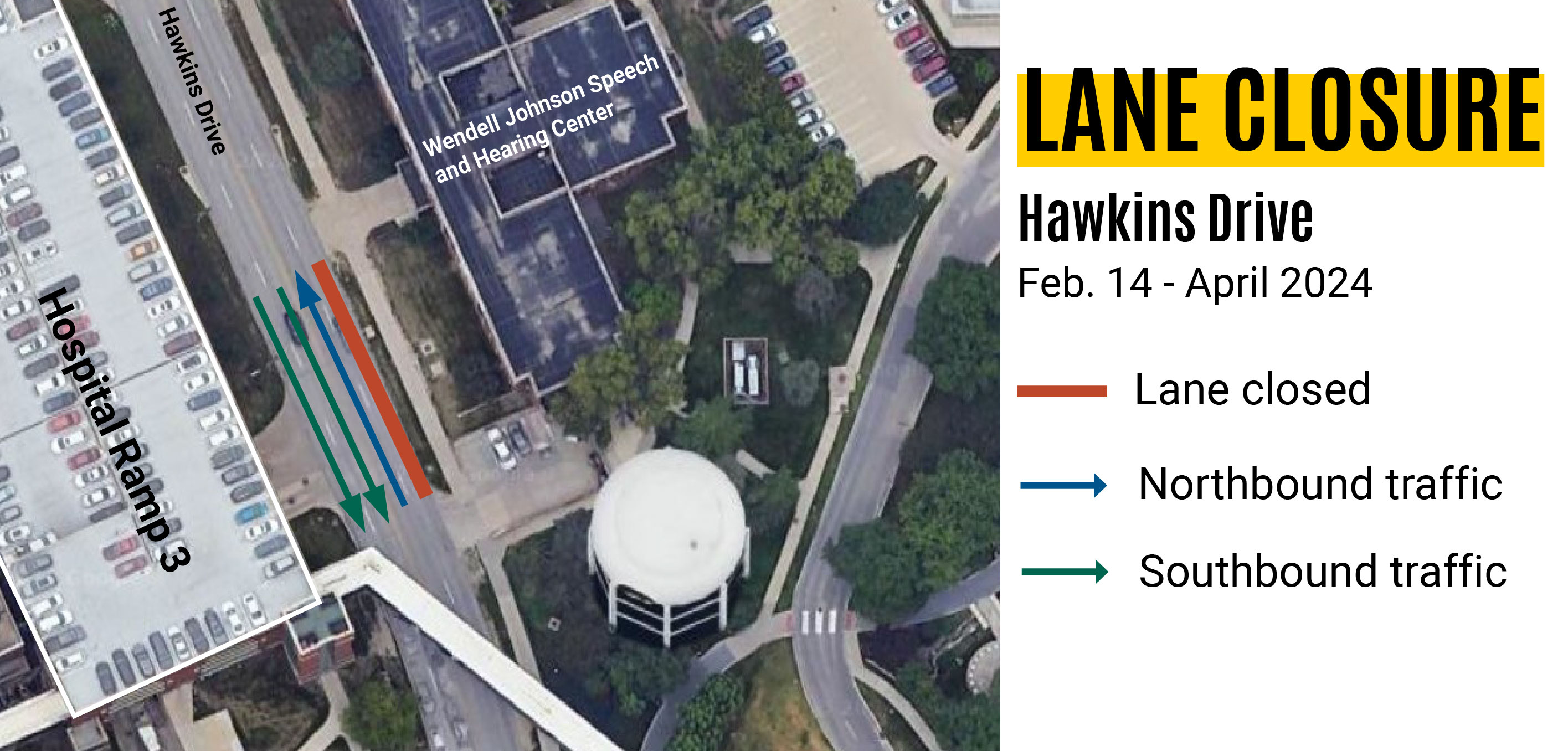map showing lane closure on hawkins near hospital ramp 3