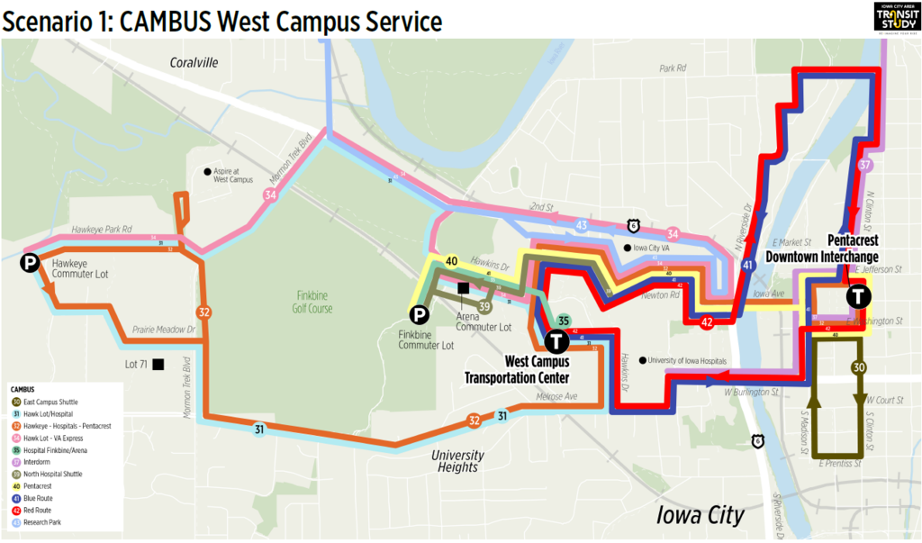 Scenario 1 map CAMBUS: providing more frequent daytime and peak service to existing route structures 
