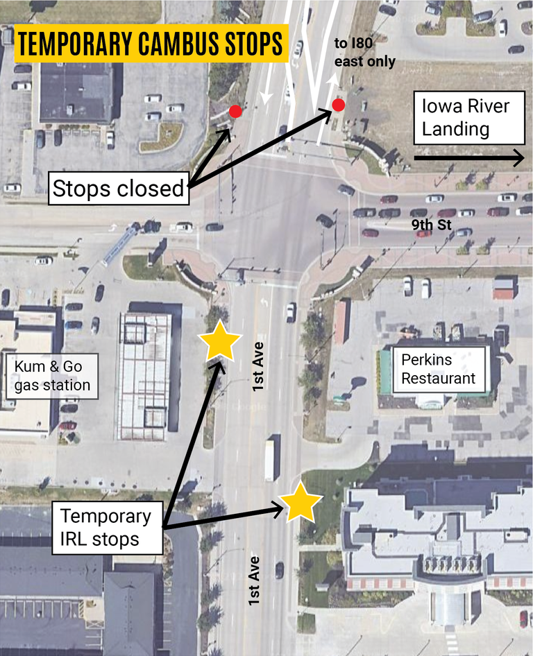 Map of CAMBUS stops relocated at Iowa River Landing