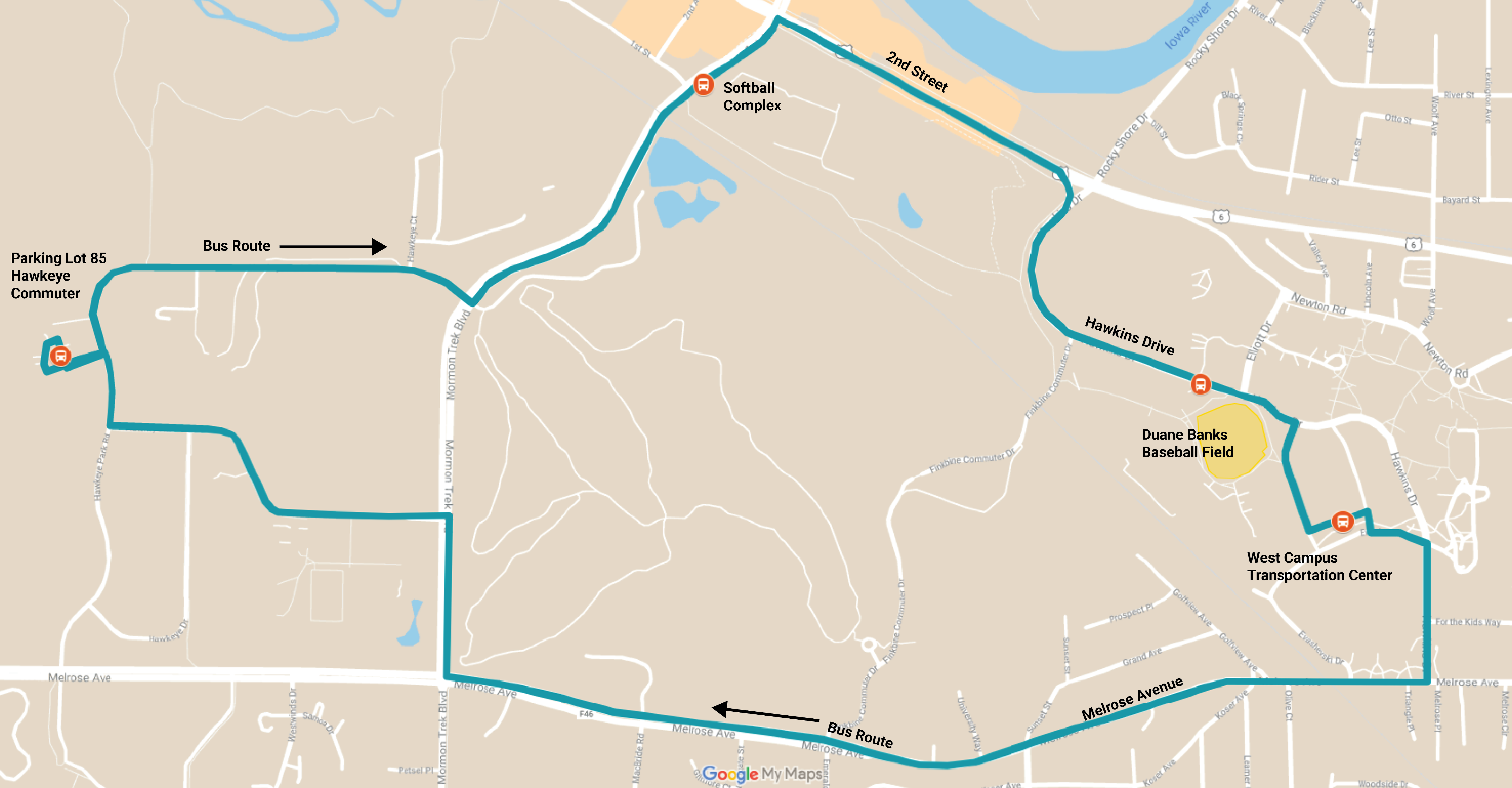 map of of the 41 Hawk Lot-Hospital route with bus stops