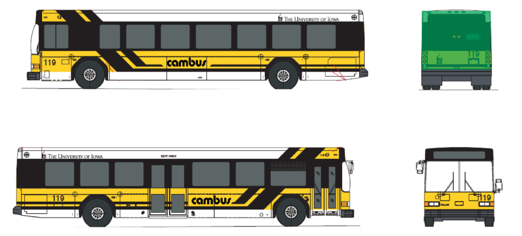 Illustration of all sides of a CAMBUS. The back end of the CAMBUS is shaded green.
