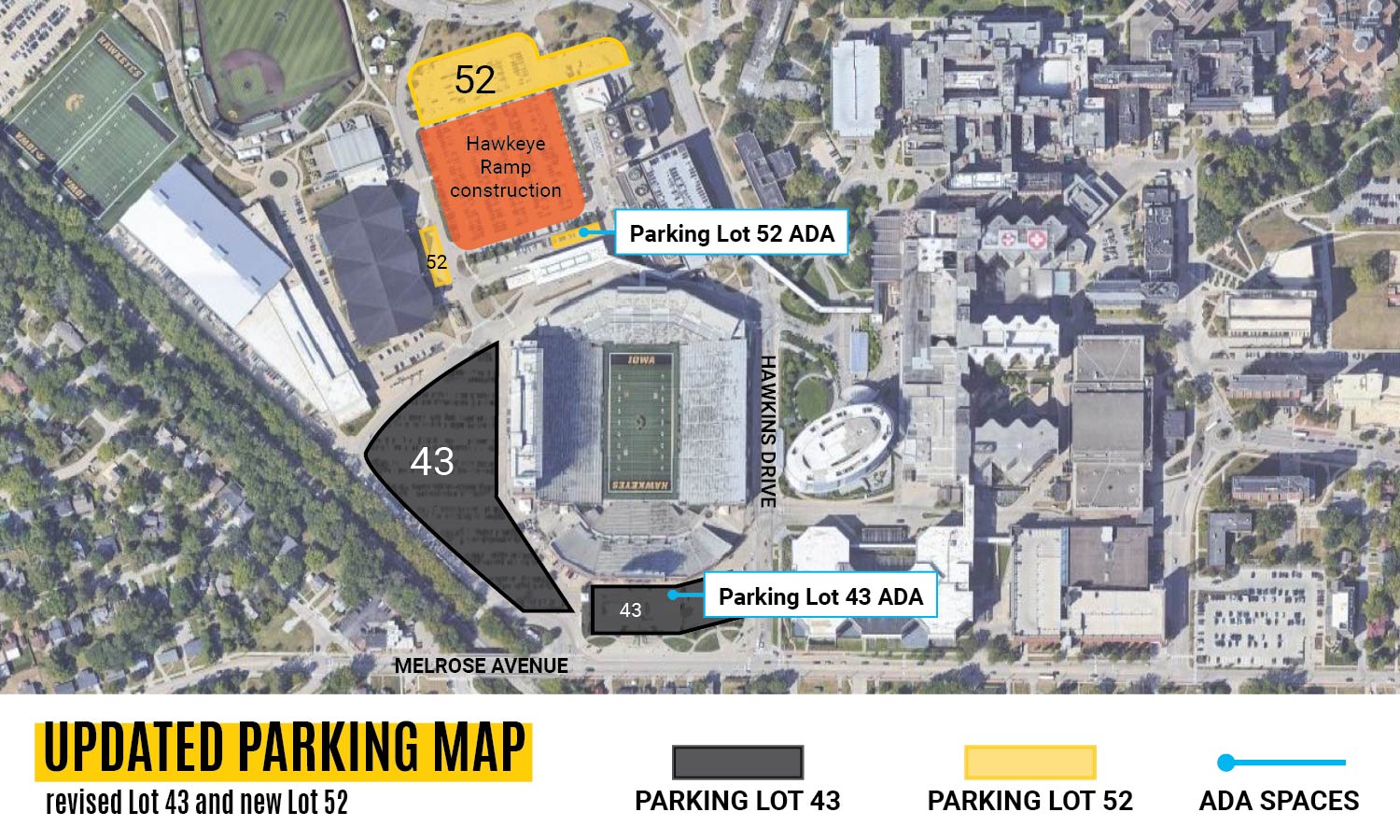 aerial map of parking surface parking lots and new Hawkeye ramp near Kinnick Stadium and West Campus Transportation Center