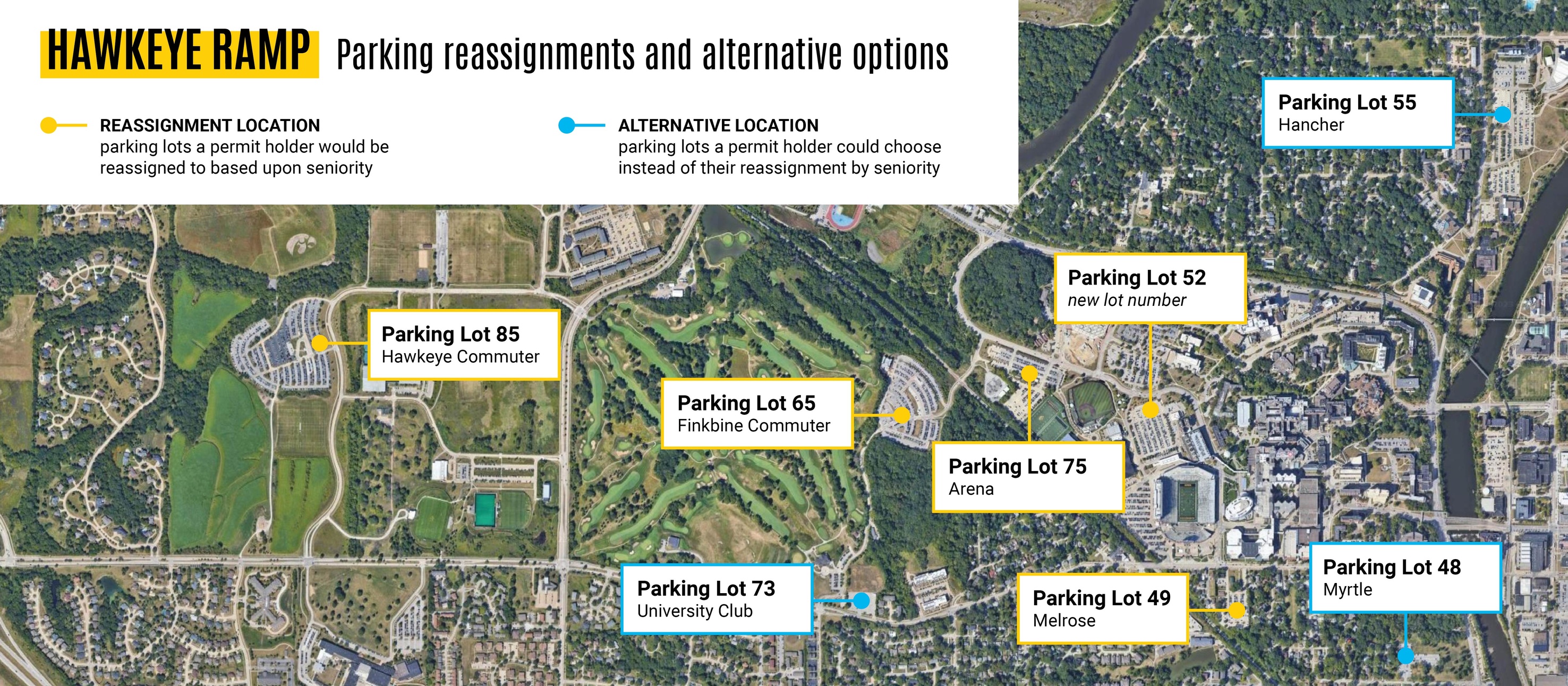 aerial of west campus parking lot reassignment parking lots and alternatives