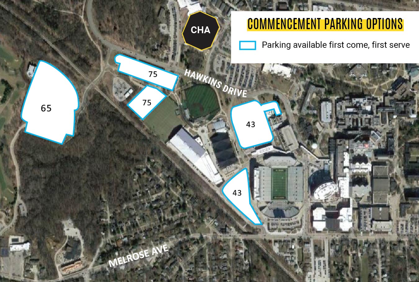 A map showing lots open for public parking near Carver Hawkeye Arena