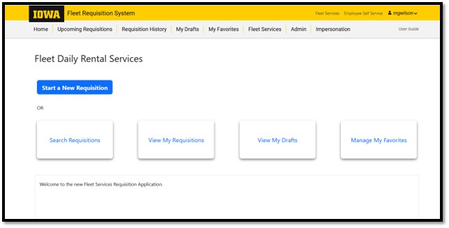 Screengrab of Fleet Services Requisition landing page