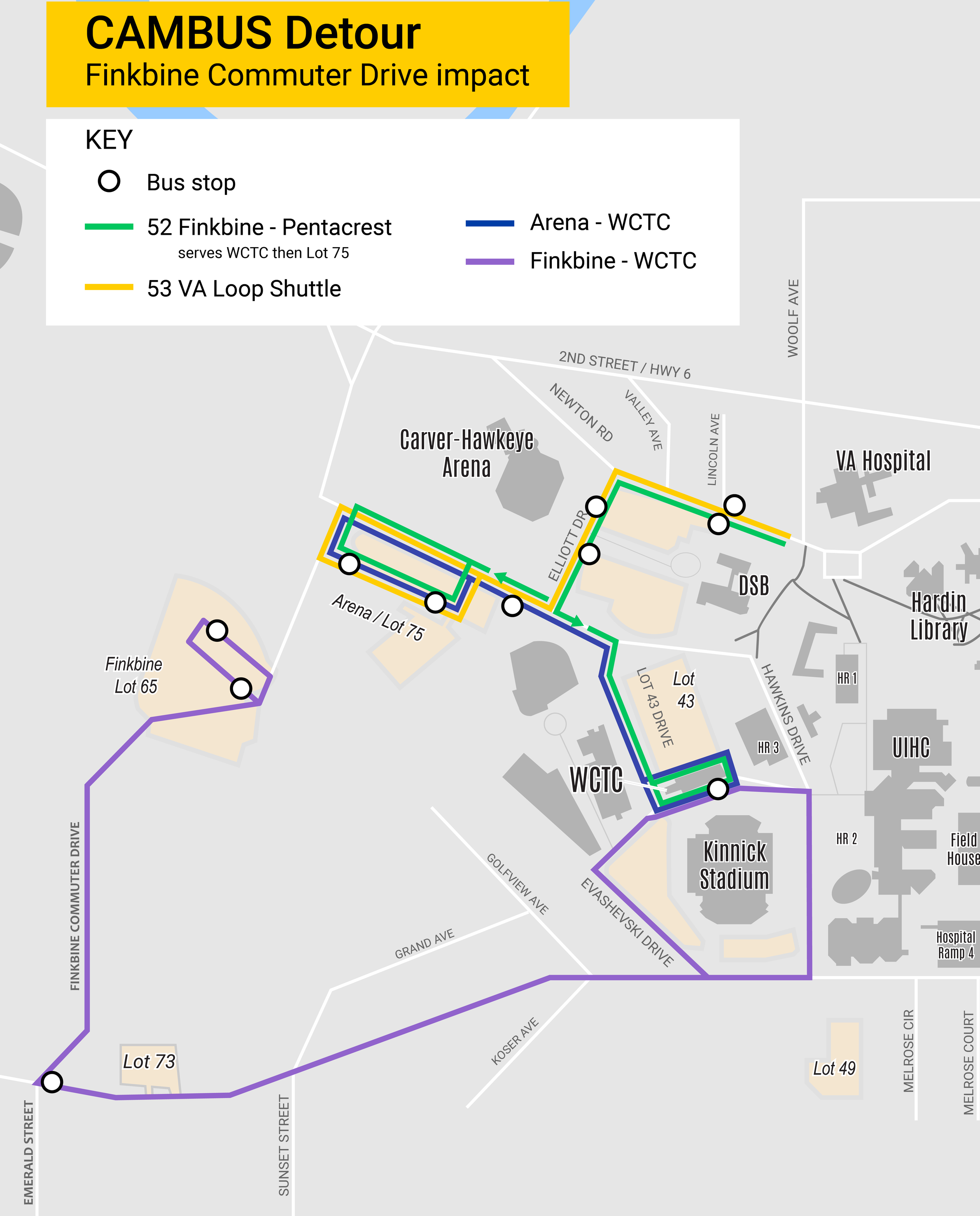 Map of detoured CAMBUS routes due to Finkbine Commuter Drive closure