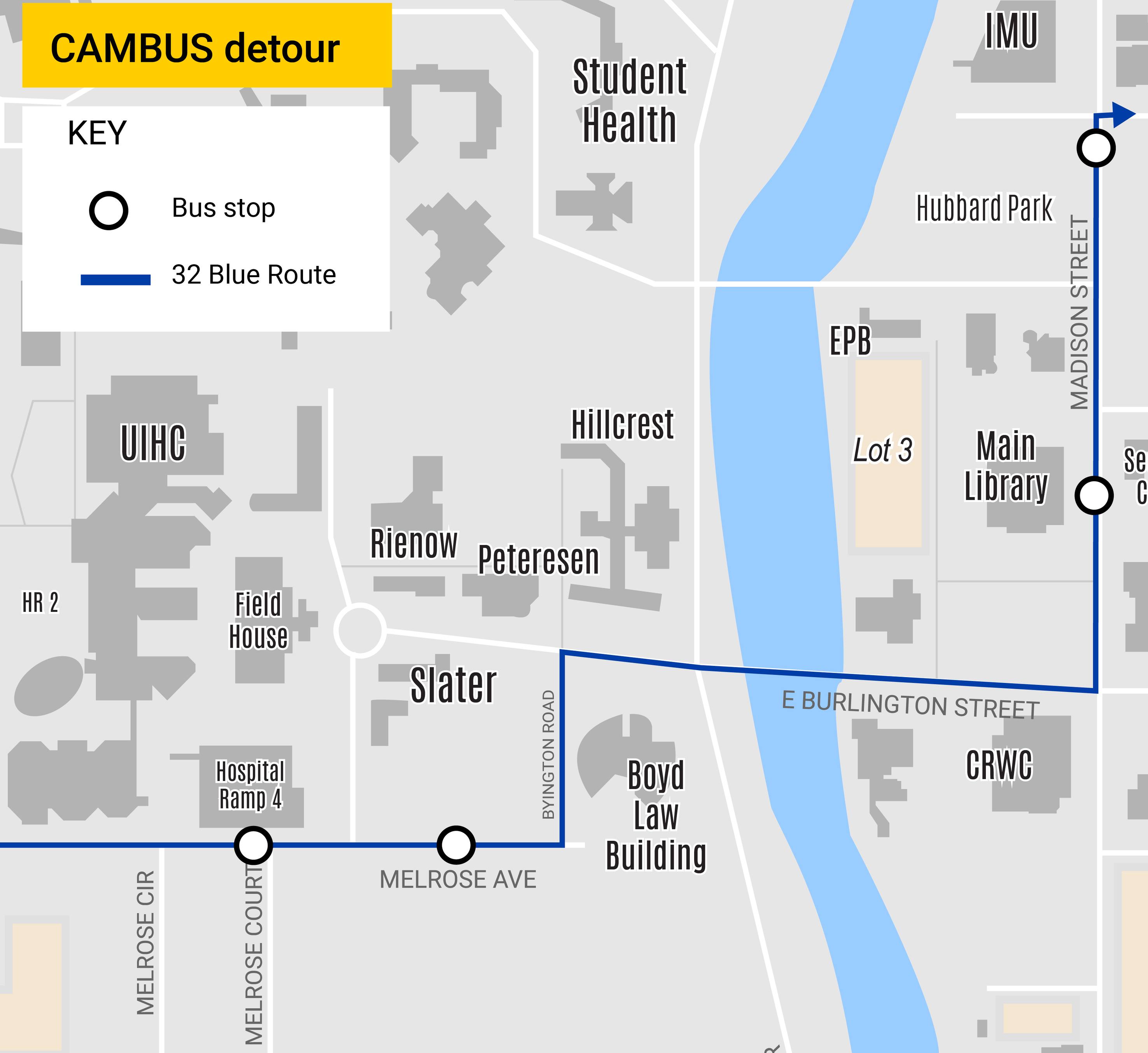 Map showing 32 Blue Route detour at Slater Hall