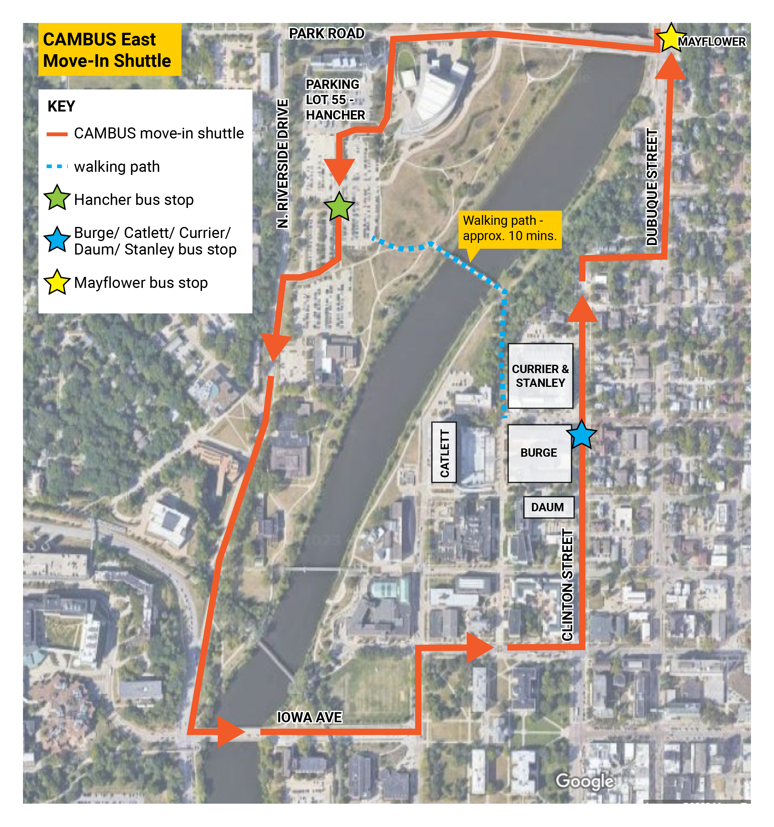 A map of CAMBUS residence hall move-in route