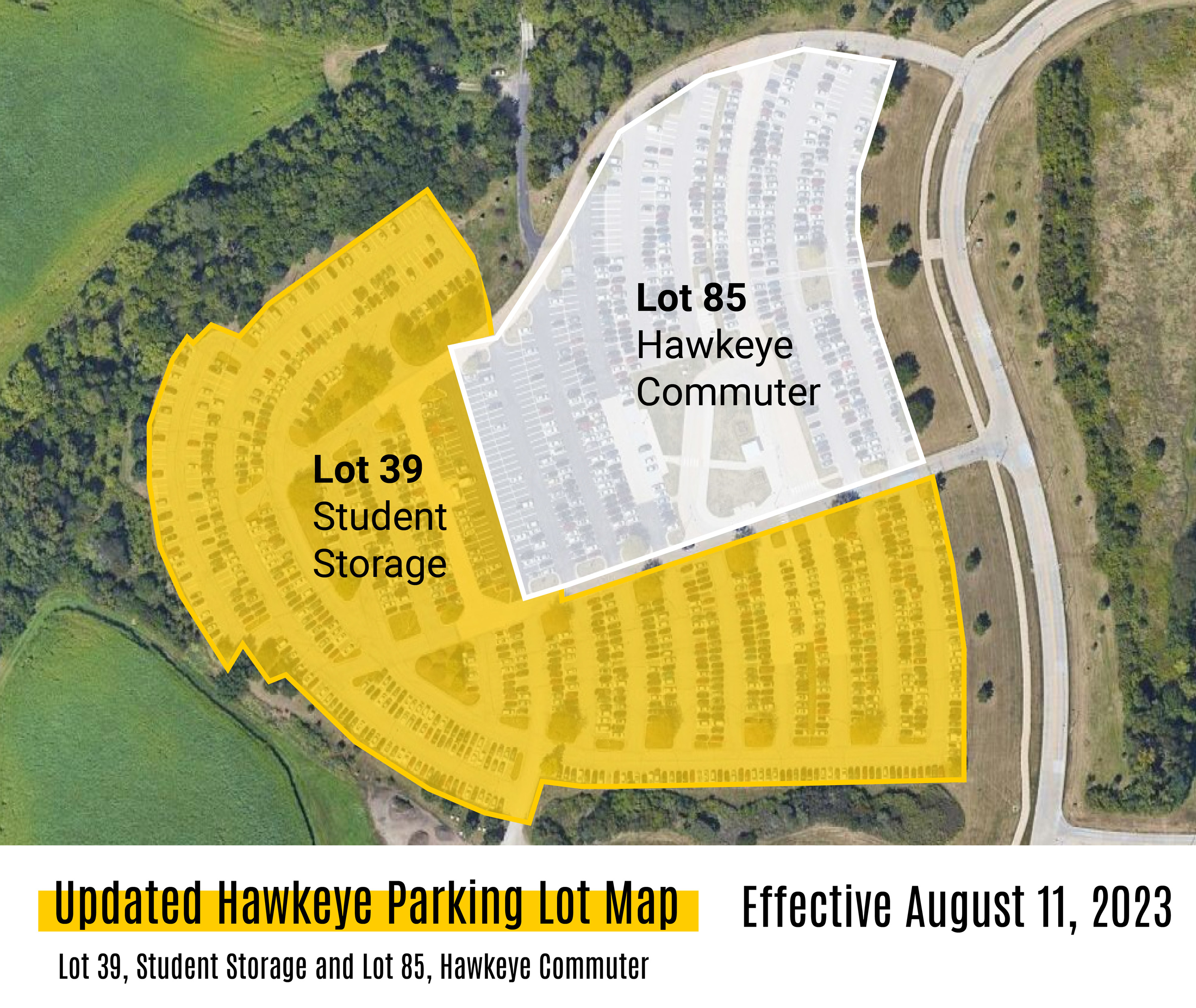 A map showing allocations for student storage and Hawkeye commuter permit spaces 