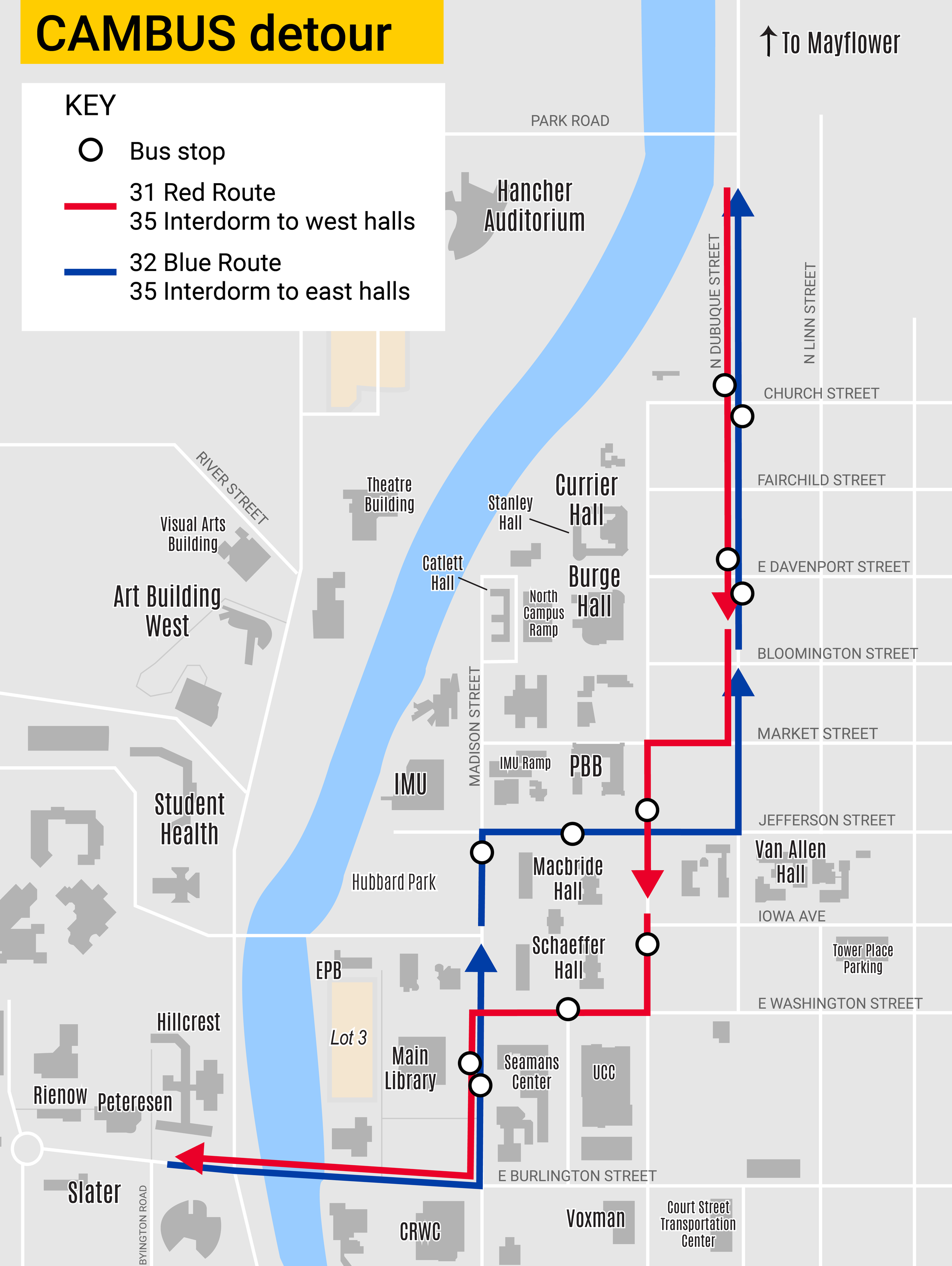map of cambus routs 31, 32, 35 detoured