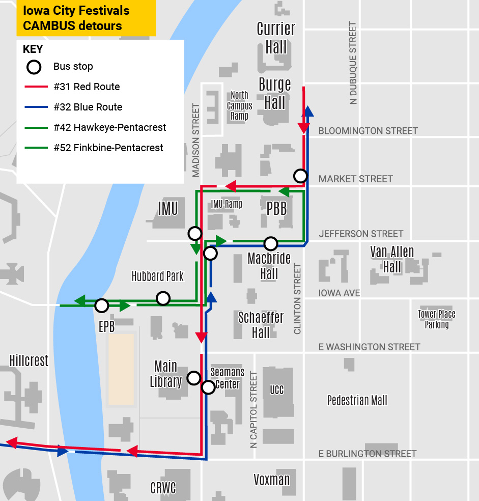 A map showing CAMBUS detours for summer 2024 festivals