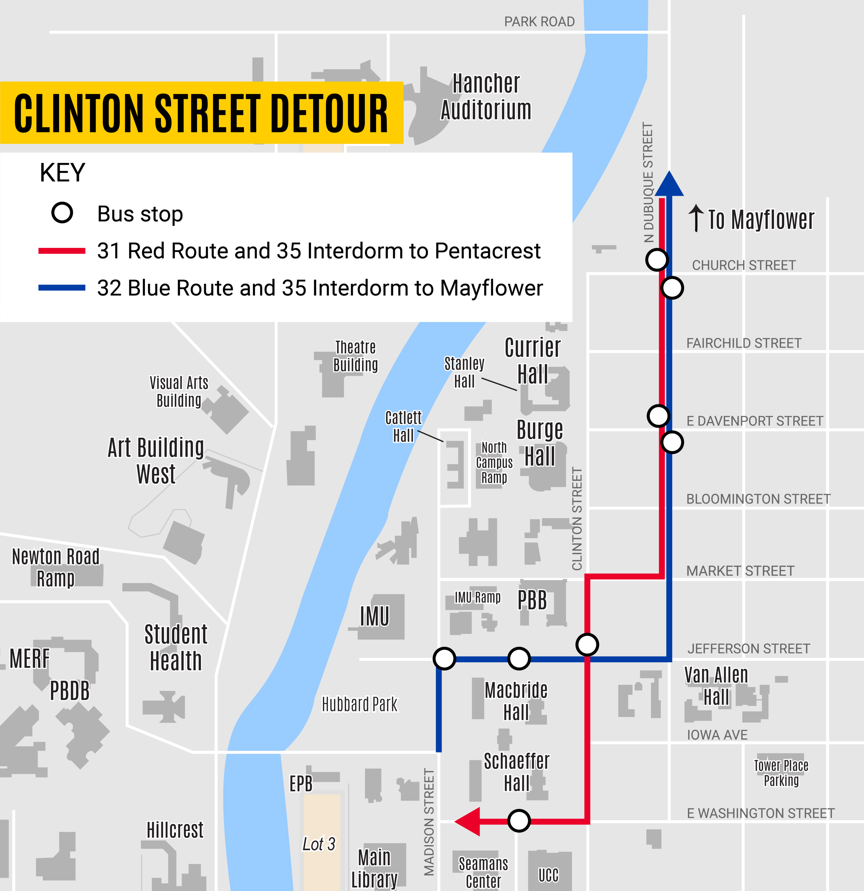 map of CAMBUS routes detoured around Clinton street