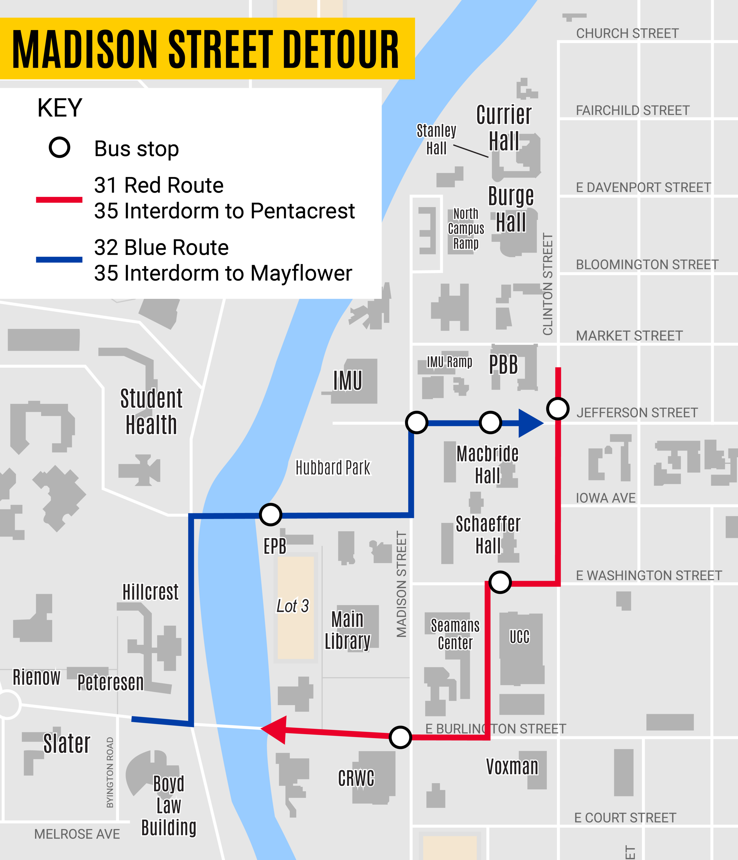 map of CAMBUS routes detouring away from Madison Street