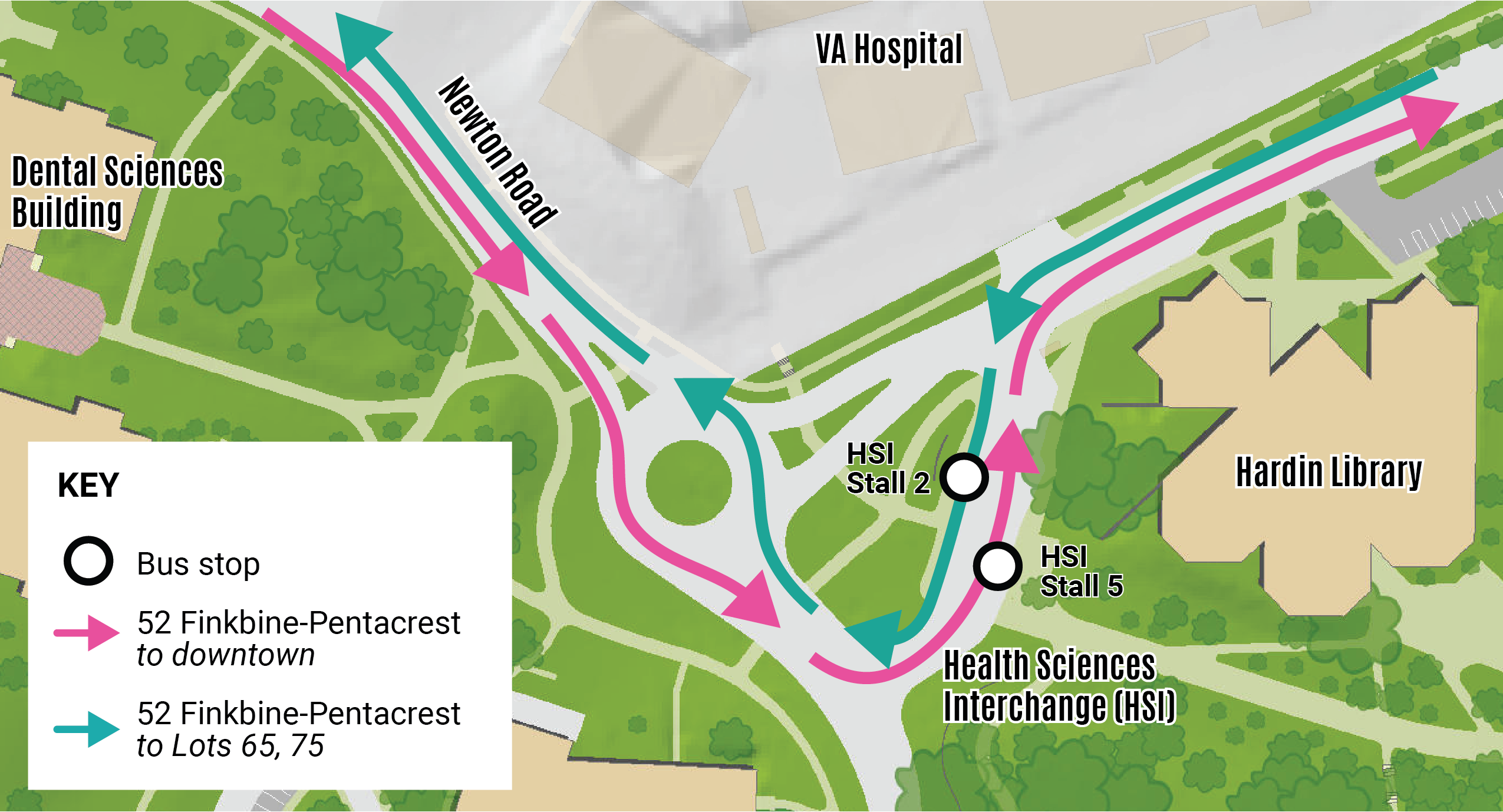 A map showing 52 Finkbine-Pentacrest service at the Health Sciences Interchange