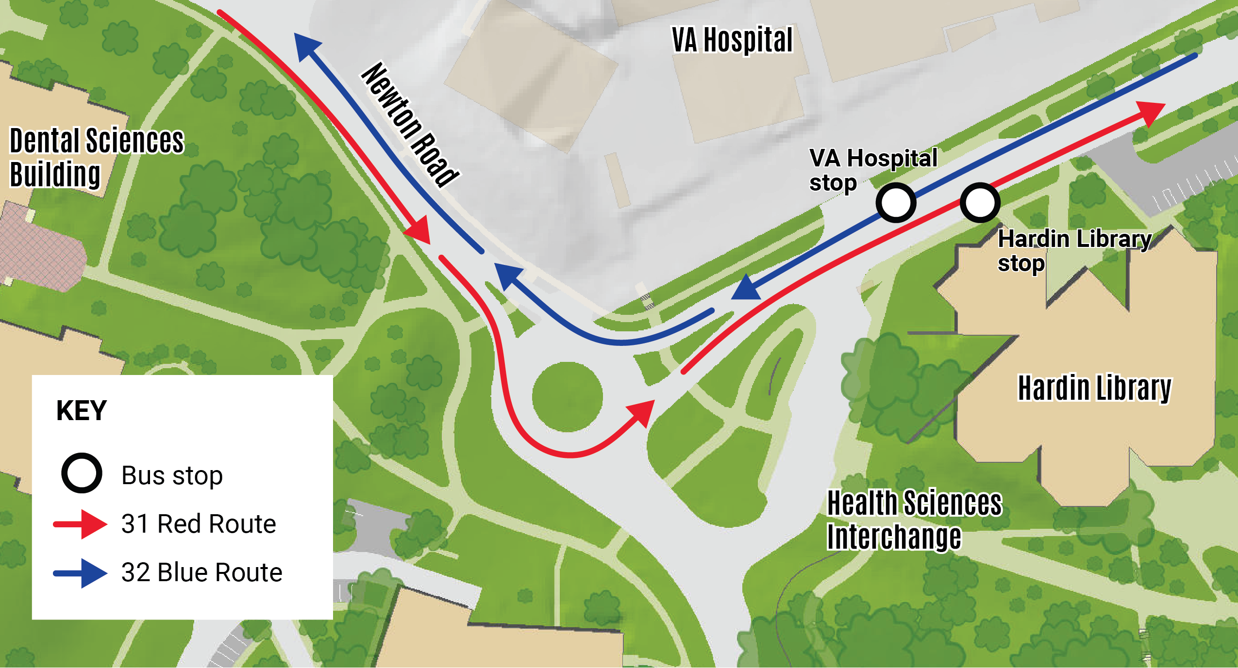 A map showing Route 31 VA Hospital stop