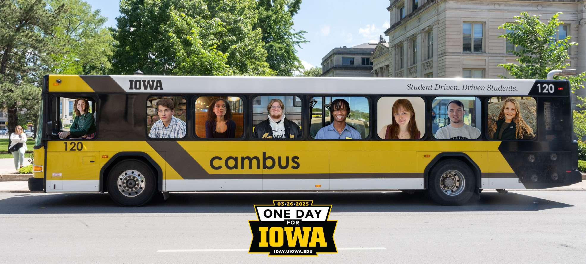 A web banner of CAMBUS scholars driving a bus