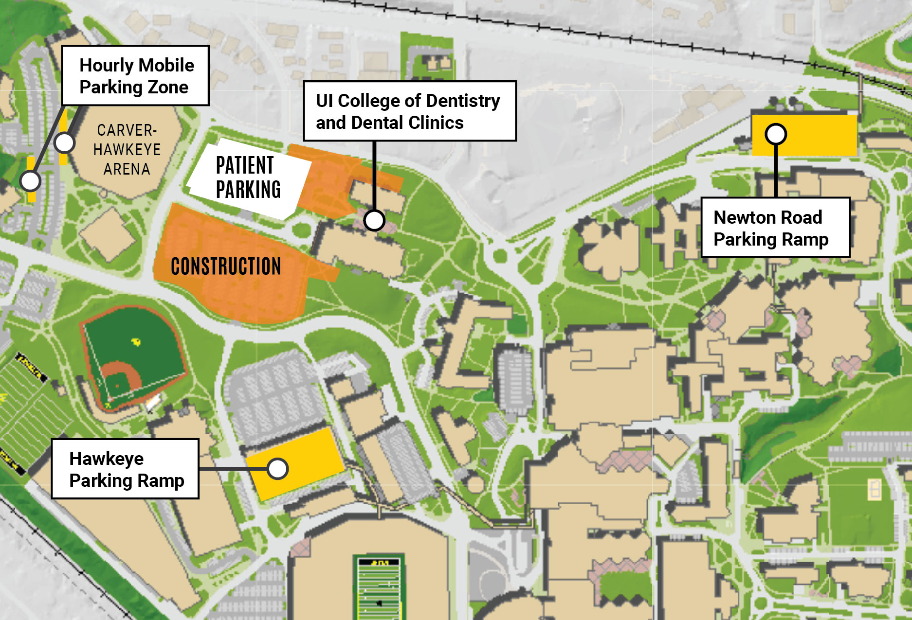 map graphic showing construction area, patient parking, and hourly parking options
