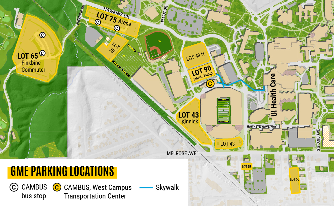 A map showing parking lots available to GME program members