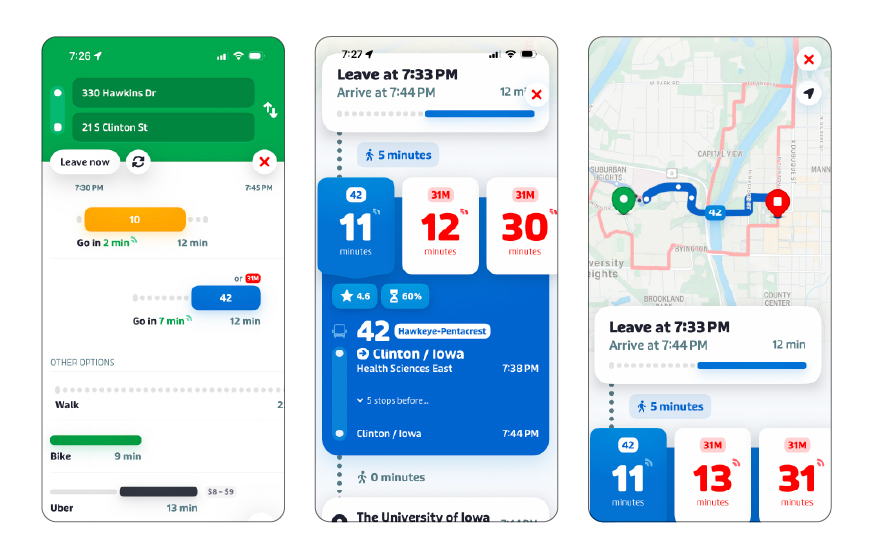 Three screenshots from the Transit app displaying how to start and track a bus trip.