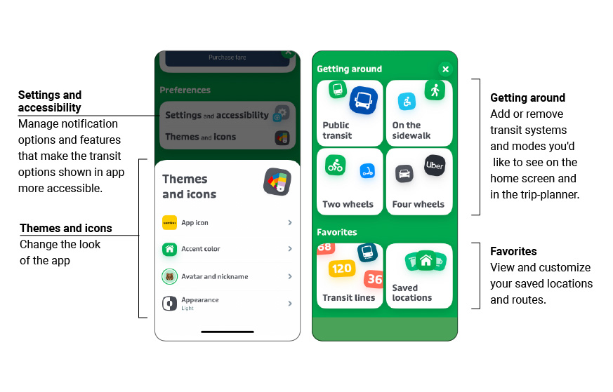 Two screenshots displaying settings options in the Transit App.