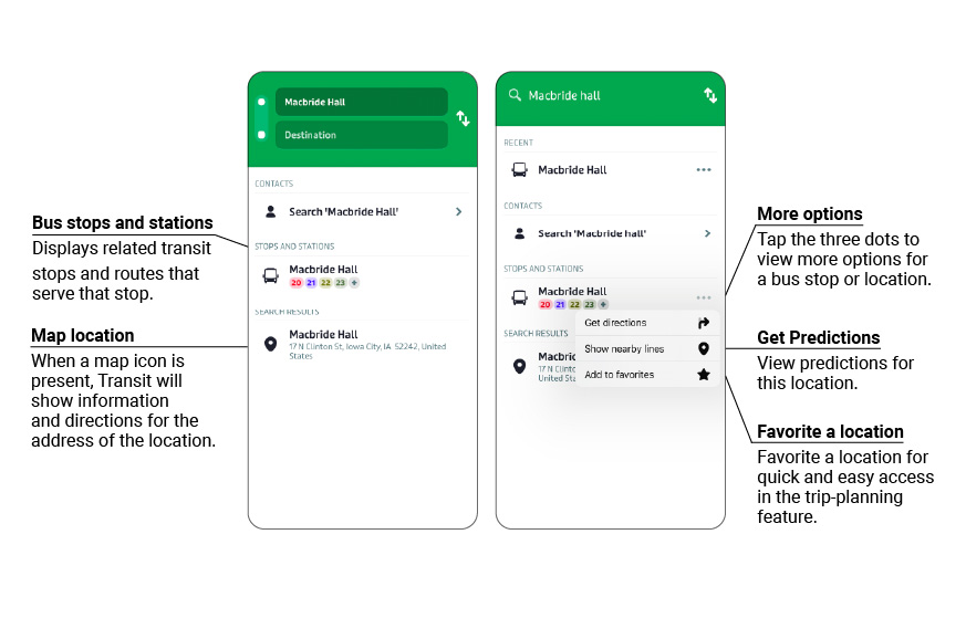 Two screenshots labeling how search results are displayed in Transit app.