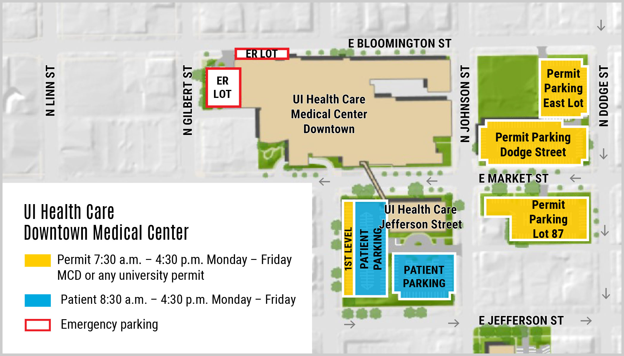 map of UI Health Care downtown campus parking locations with patient parking shown as blue and employee parking shown as gold