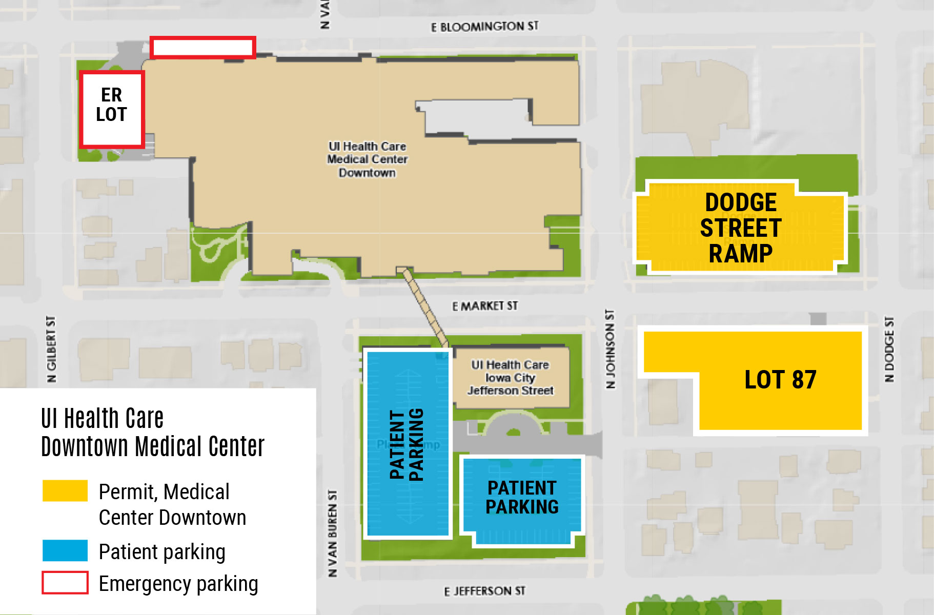 Map of downtown medical center parking locations showing patient parking areas and permit areas for employees and students