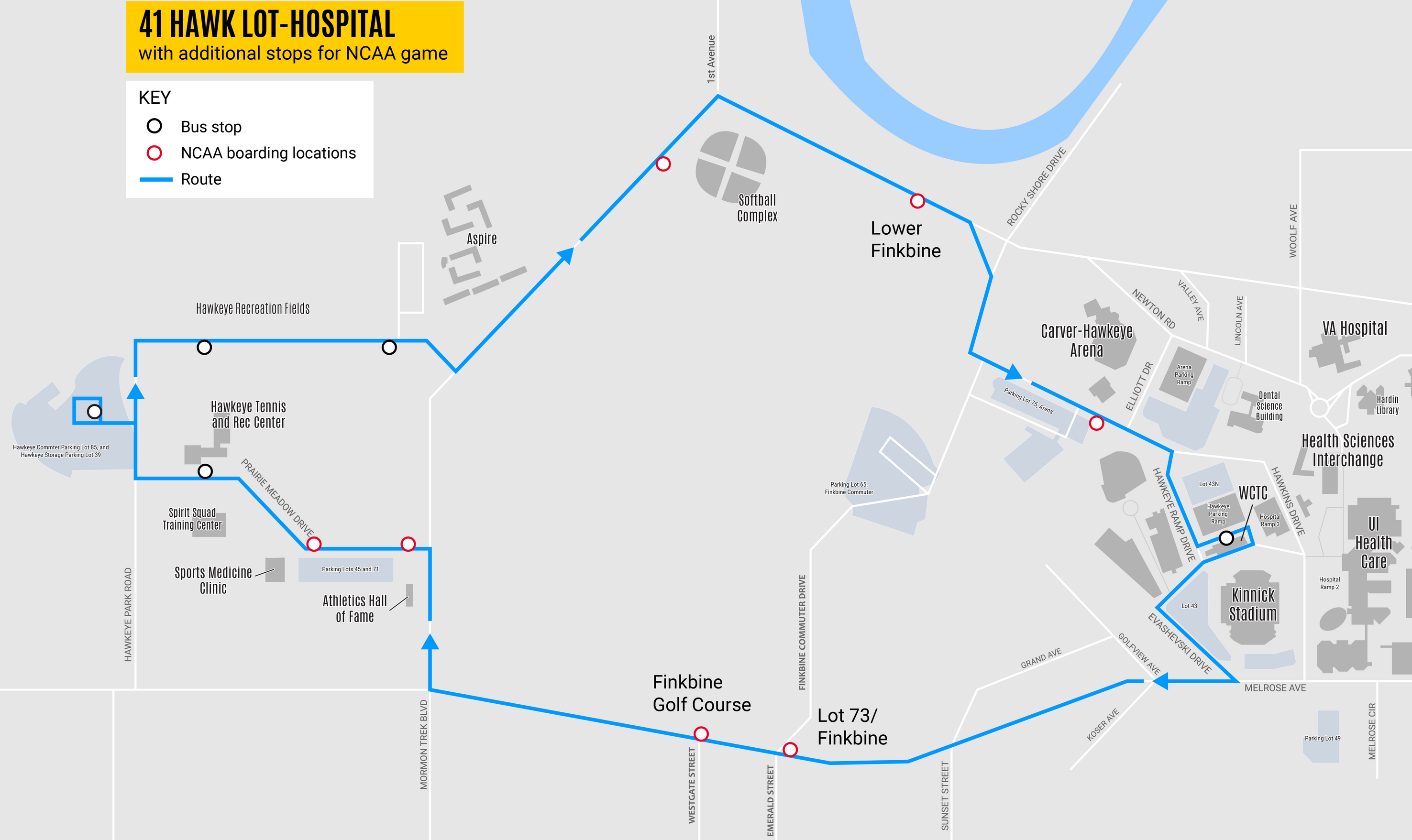 Map of 41 Hawk Lot-Hospital route with additional stops along the route at Finkbine golf course and lower Finkbine parking lot