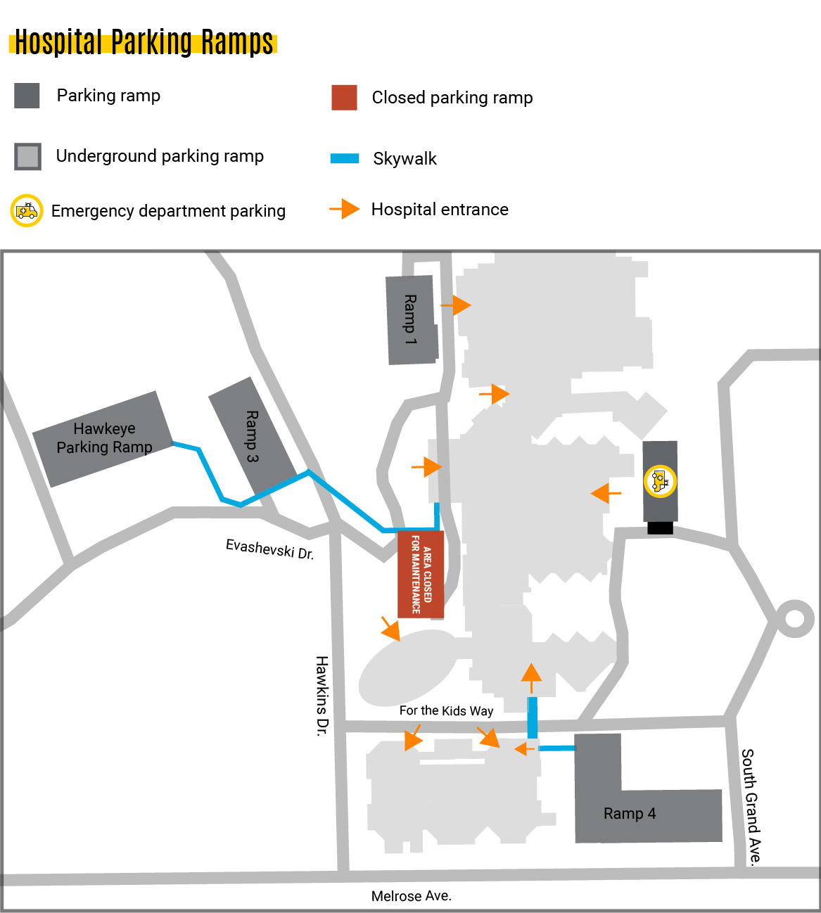 A map marking out the closed ramp and alternative parking options in the area. 