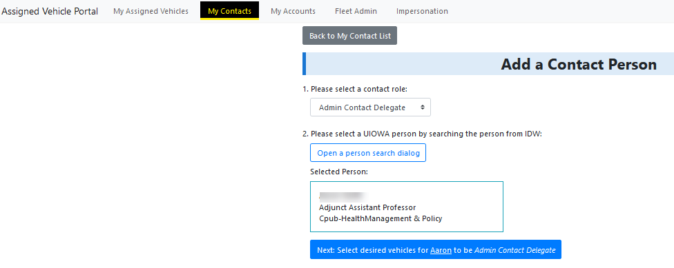 Example image of my Contacts Bulk Actions Window with contact added.
