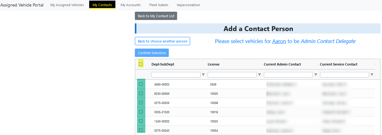 Example image of my Contacts Bulk Actions vehicle selections.