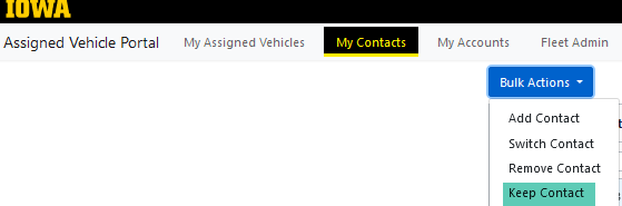 Example image of AVP, My Contacts, Bulk Actions, Keep Contact dropdown.