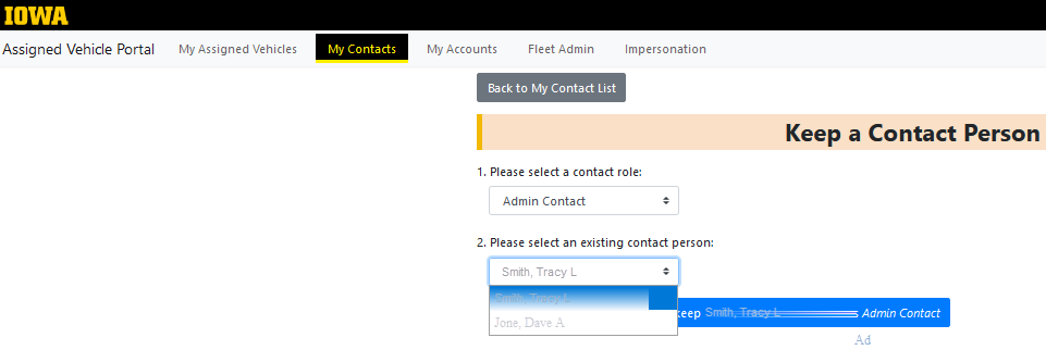 Example image of AVP, My Contacts, Bulk Actions, Keep Contact selection dropdown.