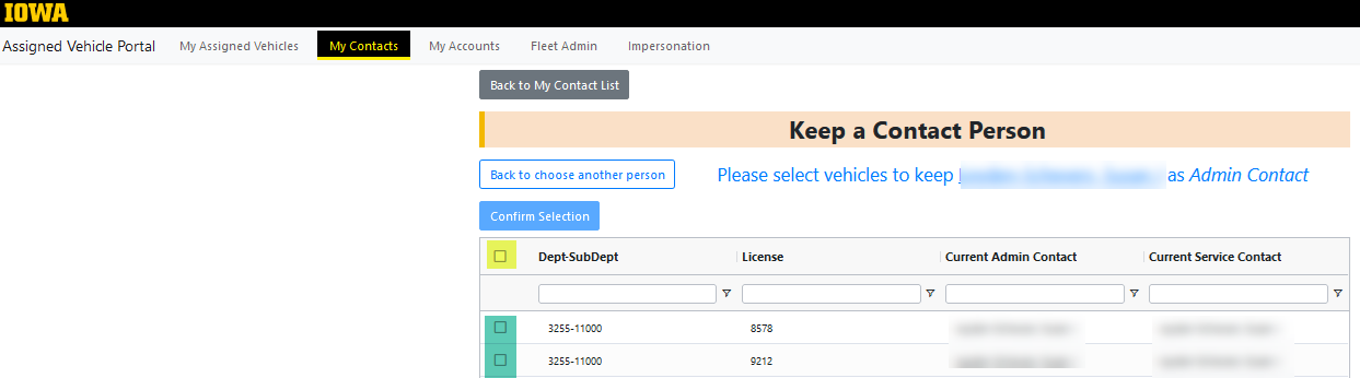 Example image of AVP, My Contacts, Bulk Actions, Keep Contact vehicle selection..