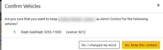 Example image of AVP, Confirm Vehicles popup window.