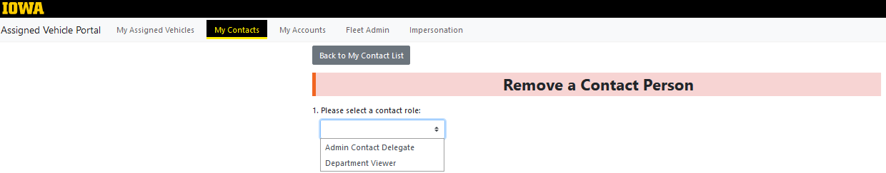 Example image of AVP My Contact Bulk Actions Remove Contact select role.