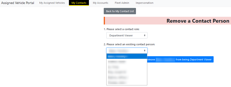 Example image of AVP My Contact Bulk Actions Remove Contact select existing contact.