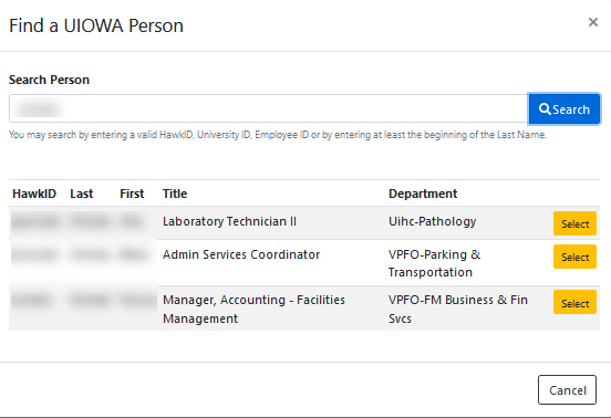 Example image of My Contacts Find a UIOWA Person window.