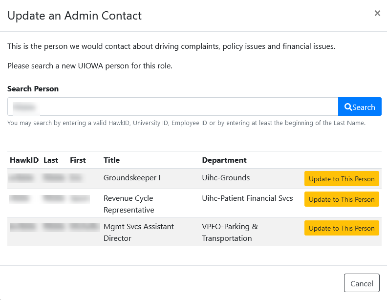 Example Image of the Update an Admin Contact page.