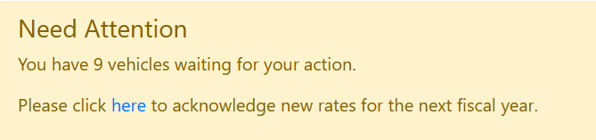 Example of an Assigned Vehicle Portal Banner message for new rates.