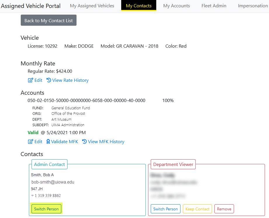 Example image of AVP My Contacts page.