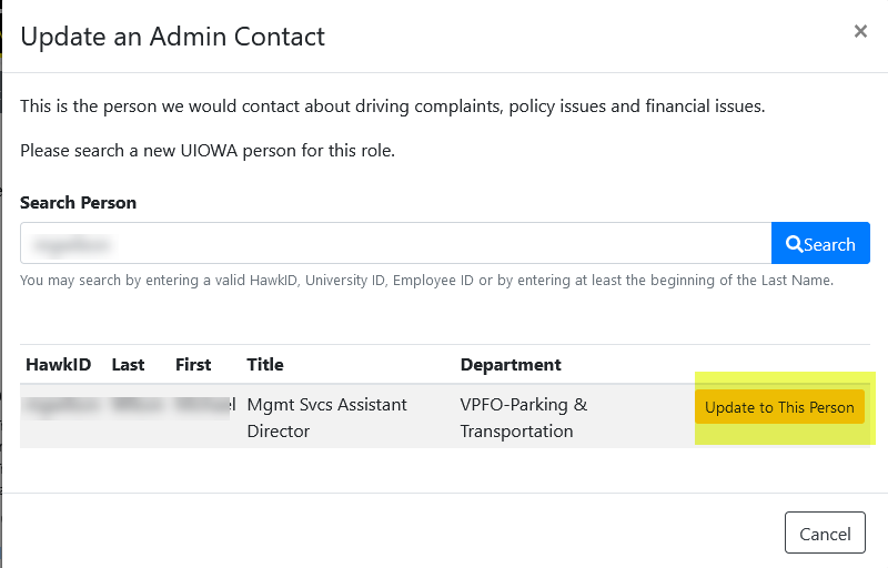 Example image of Update an Admin Contact with a name search.