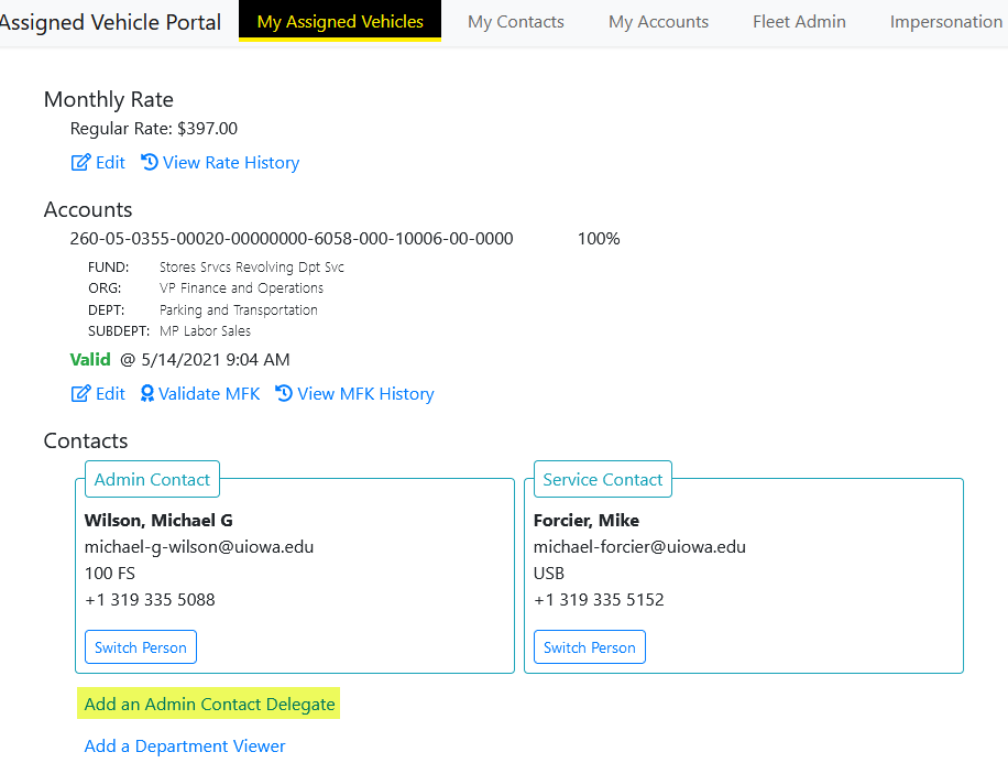 Example image of the My Assigned Vehicle page.