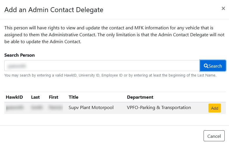 Example image of the Add an Admin Contact Delegate page post search.