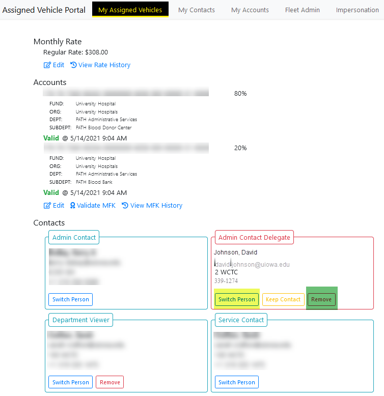 Example image of the My Assigned Vehicle page with Admin Contact Delegate field.