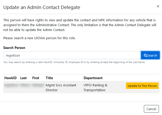 Example image of the Update and Admin Contact Delegate page.