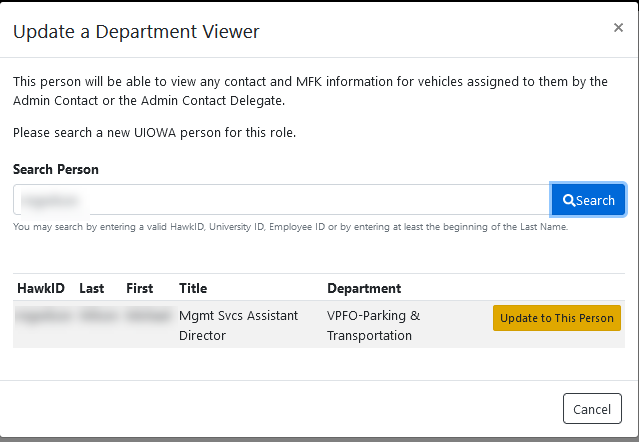 Example image of the Update a Department Viewer page with a search result.