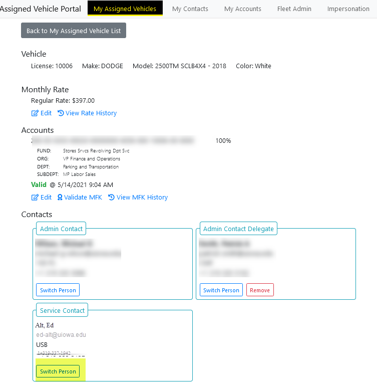 Example image of My Assigned Vehicles page.