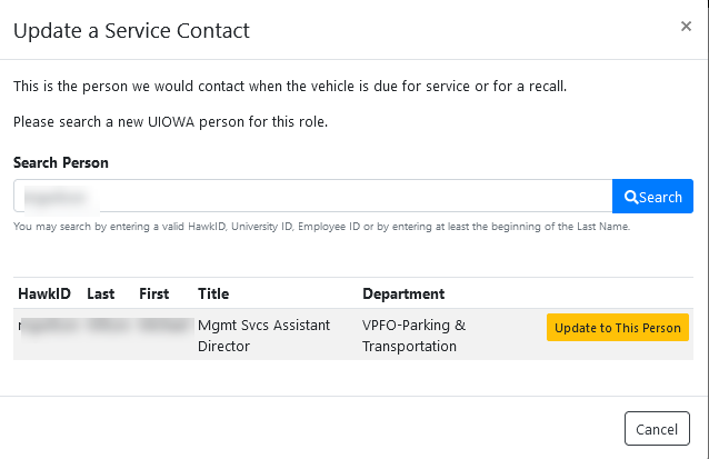 Example image of Update a Service Contact page.